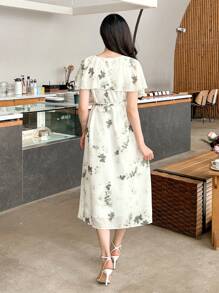 DAZY 女士纯色荷叶边腰部中长连衣裙花卉太阳裙 - 綠色 - 查看 2