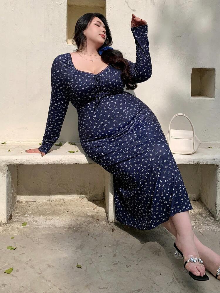 Dazy Plus Vestido Envelope com Estampa Floral All-Over, Manga Longa, Primavera/Verão, Vestido Tipo Empregada Doméstica