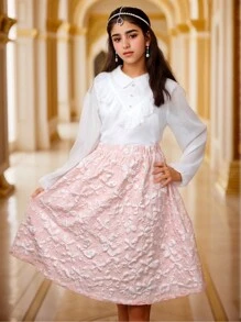 Kaftan Jalabiya Tunika für Teenager Mädchen, bescheidenes lokales Kostüm für Ramadan, luxuriöse, elegante Jacquard-Satin-Bluse mit metallischem Glanz und modischen 3D-Blumen-Chiffonvolants, kombiniert mit rosa 3D-Blumen-Jacquard-A-Linien-Rock