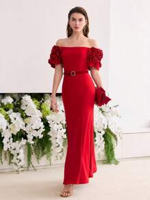 MOTF Soiréza 立体花朵露肩鸡尾酒礼服 - 紅色 - 查看 3