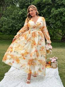 Flirla Abito in chiffon con scollo a V maniche lunghe elegante, con motivo floreale ditsy, romantico e puro, adatto alla primavera/estate, per spiaggia o vacanza - Multicolore - Visualizzare 4