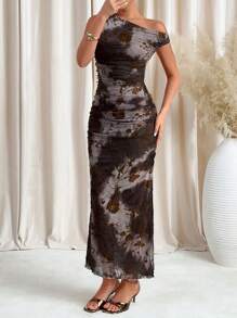 SHEIN Clasi Women's Tie-Dye Printed Pleated Slim-Fit Oblique Shoulder Mesh Dress Spring Women Outfits Date Night Dress