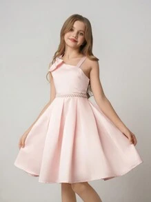 Tween Girl Sleeveless Bow Accent Gathered Waist A-Line Elegant Minimalist Wedding Flower Girl & Bridesmaid Dress With Pearl Belt - Pink - View 5