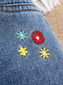 SHEIN Young Girl Casual Blue Washed Loose Ditsy Floral Print Denim Shorts With Rolled Hem Design, Minimalist & Versatile - Medium Wash - View 5