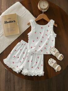Ramadan Kleinkind Mädchen Set aus Kirschblüten-Muster Blumen-Rüschen-Top ohne Ärmel und dazu passende Shorts, süß und lässig, lose Passform, 2-teiliger Outfit, Sommer