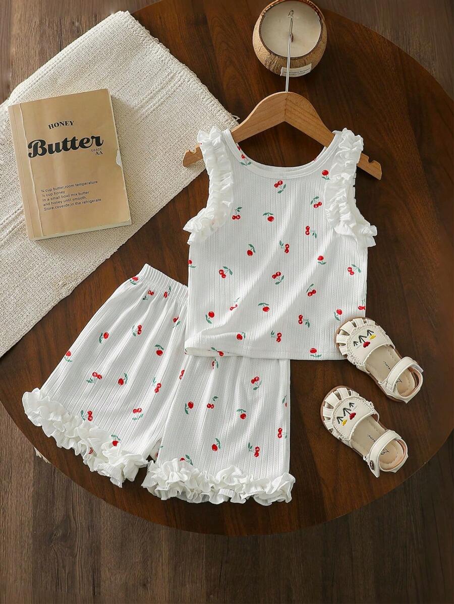 Ramadan Kleinkind Mädchen Set aus Kirschblüten-Muster Blumen-Rüschen-Top ohne Ärmel und dazu passende Shorts, süß und lässig, lose Passform, 2-teiliger Outfit, Sommer