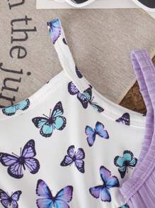 SHEIN Vintaside Kids 3pcs/Set Baby Girls Summer Butterfly Print Solid Color Ribbed Jumpsuits With Bow Decor, Casual Sleeveless Rompers