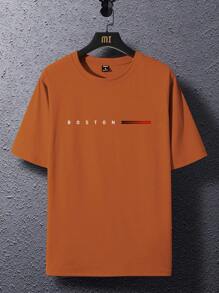 Manfinity Homme 男士字母印花休闲圆领短袖 T 恤 - 鏽棕色 - 查看 2