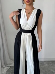 Elenzga Mono de pierna ancha con cintura ceñida y cuello en V fruncido para mujer, conjunto casual y elegante para viajes y la oficina