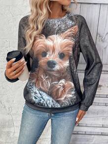 EMERY ROSE Women's Casual Cute Dog Applique Pullover Fall Sweatshirt - Brown - View 5
