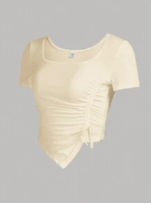 SHEIN Girlism Teen Girl Square Neck Drawstring Asymmetric Waist Elegant Short Sleeve T-Shirt - Apricot - View 4