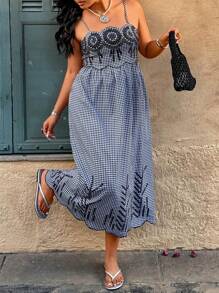 SHEIN Clasi Plus Size Summer Casual Embroidered Plaid Strap Dress - Multicolor - View 1