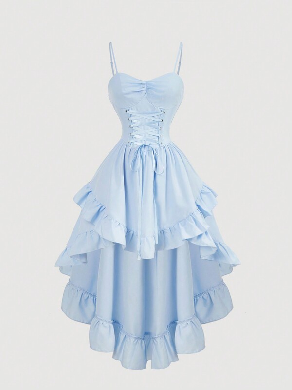 SHEIN MOD Women's Solid Color Sweetheart Neckline Cross Tie Rod Ruffle Edge Asymmetric Vintage Hem Dress,Graduation Light Purple Dress