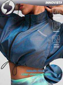 Innovista Woman Activewear Cropped Sports & Outdoor Jacket, Breathable & Cropped Bomber Gym Top, Light Weight & Portable For Travel Workout Outfits, Packable & Adjustable Metallic Color-Changing Fitness Top, Edgy & Unique Stylish Tracksuit Volleyball, Going Out, Athleisure, Tennis, Golf, Dance, Street Wear, Music Festival, Party, Cyan, Blue Green, Y2K, Eclectic Autumn, Valentine Fall Outfits For Women Cool Light Blue ,Essentials Hoodie - Green - View 6