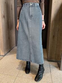 DAZY Western Style Women's Washed Slit Denim Mid-Length Skirt,Fall Clothes Jeans Skirt