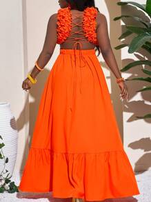 Slaydiva 分层荷叶边 V 领长裙 - 橙色 - 橘色 - 查看 4