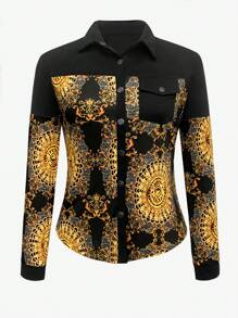 SHEIN LUNE Women's Front Button Long Sleeve Solid Color Patchwork Casual Shirt Fall Cloth For Women - Yellow - View 3