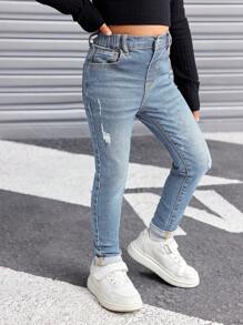 SHEIN SLAYR KIDS Young Girls' Vintage Blue Ripped Jeans, Cool Thanksgiving, Fall And Winter - Medium Wash - View 3