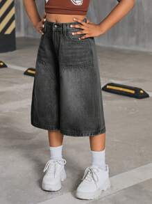 SHEIN Tween Girls Y2K 2000s Retro Washed Baggy Casual Denim Wide Leg Knee Length Jeans Shorts,Girls Fall Clothes Back To School Streetwear Outfits - Light Wash - View 6