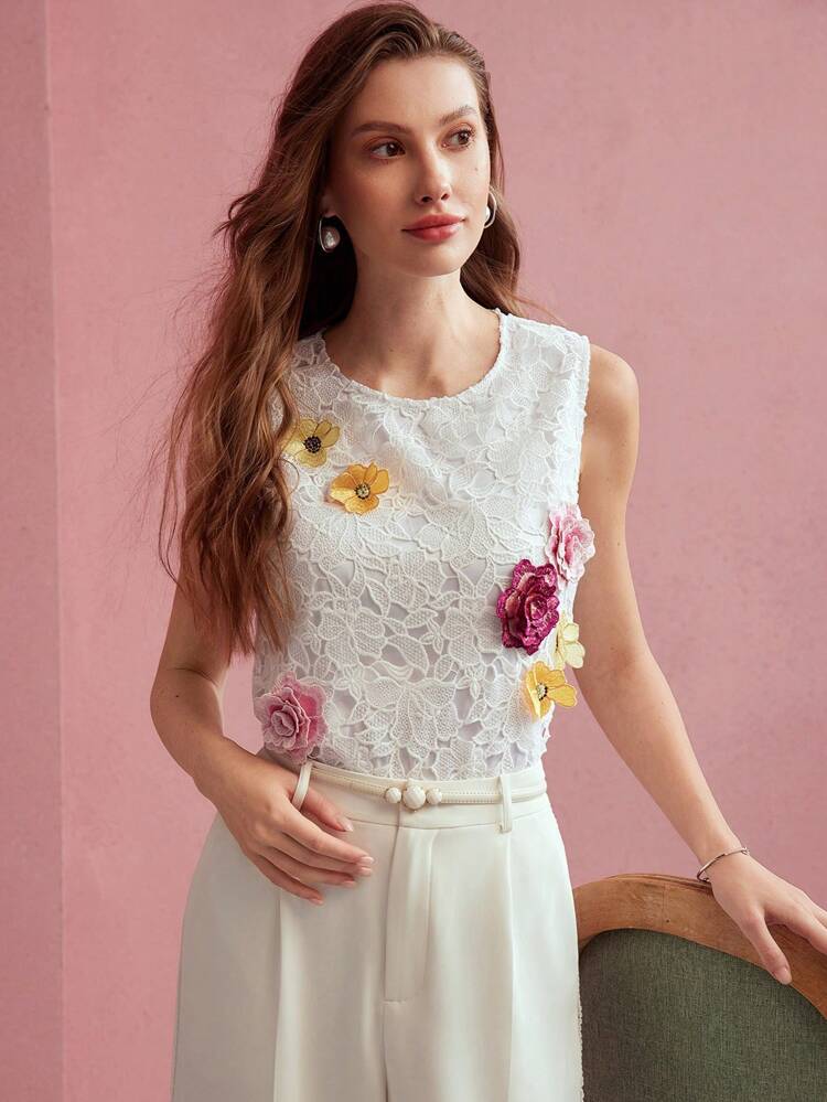 FLORAL EMBROIDERY SLEEVELESS BLOUSE,SPRING/SUMMER