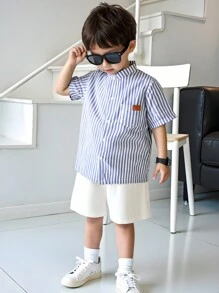 SHEIN Genkimix Kids 2 件套休闲简约条纹领短袖衬衫和短裤，适合日常穿着、度假、校园等、夏季度假、度假、旅行、放松、日光浴 - 彩色 - 查看 1
