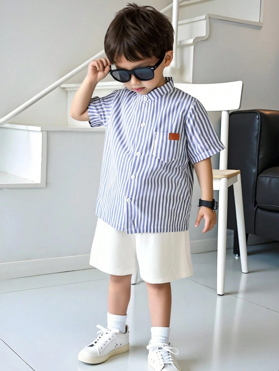 SHEIN Genkimix Kids 2 件套休闲简约条纹领短袖衬衫和短裤，适合日常穿着、度假、校园等、夏季度假、度假、旅行、放松、日光浴 - 彩色 - 查看 1