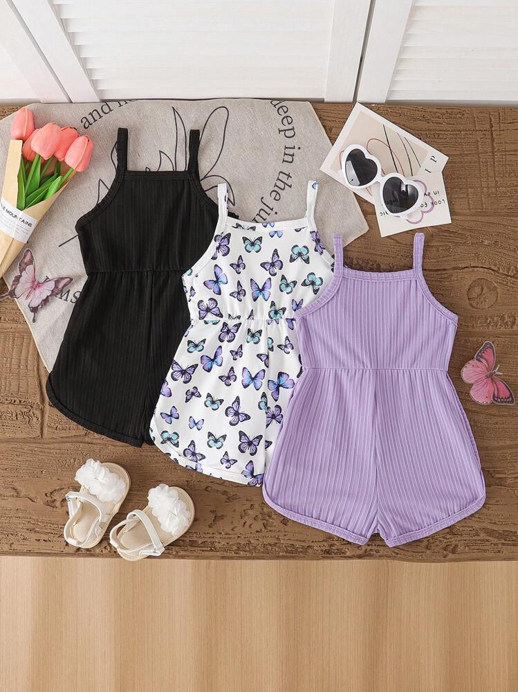 SHEIN Set de 3 monos de verano para niñas bebé con estampado de mariposa, color liso, acanalados, con decoración de lazo, monos casuales sin mangas - Multicolor - Añade 2