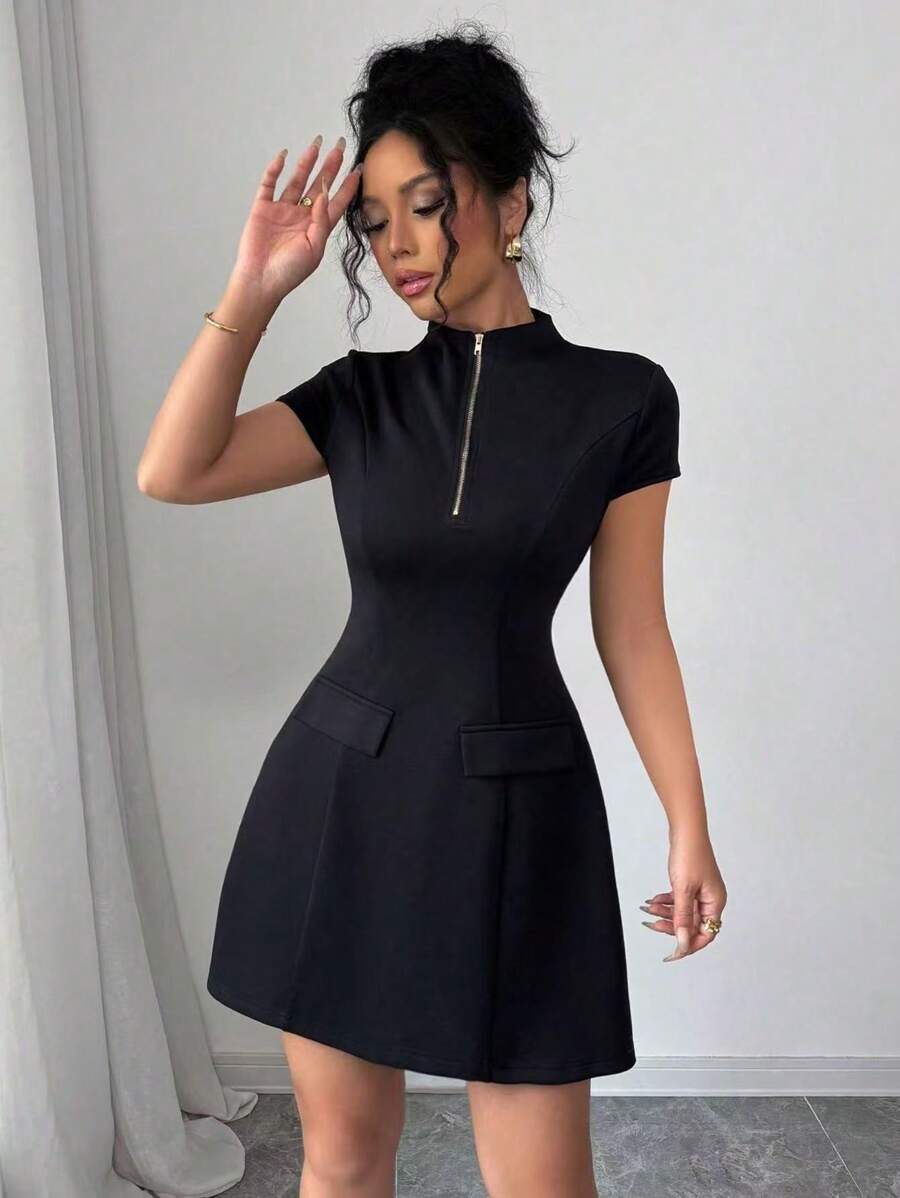 Elenzga Vintage Style Cocktail Mini Dress, Puff Sleeve Waist Gathered Design, Slim Fit, Gold Zipper Detail Faux Pockets, Unique Princess Dress - Black - View 1