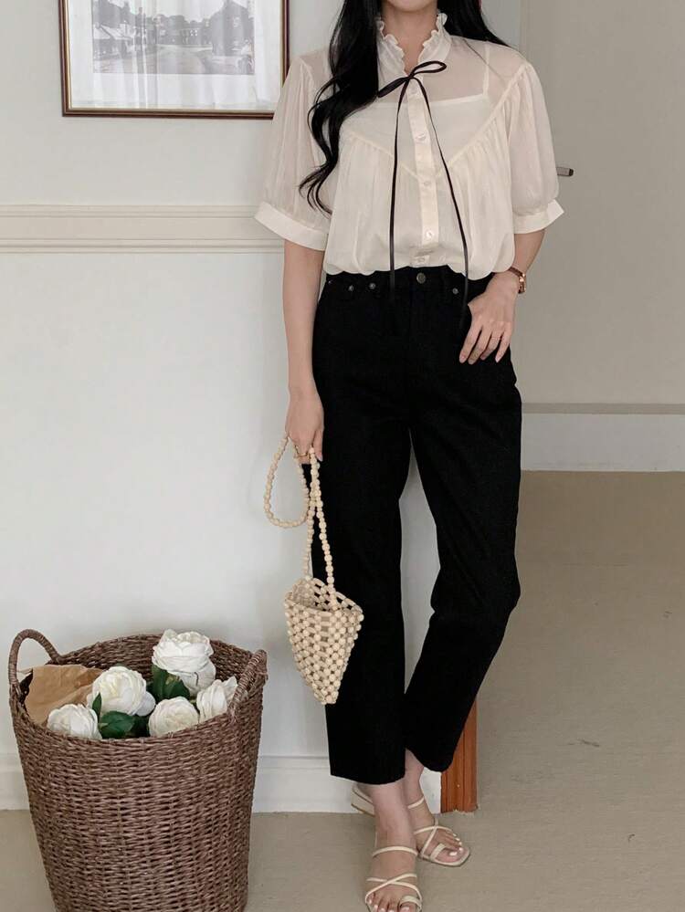 Elegant Office Wear Women's Short Sleeve Floral V-Neck Pleated Blouse, Summer