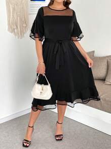 SHEIN Clasi Plus Size Women's Solid Color Mesh Splicing Round Neck Ruffle Sleeve Elegant A-Line Dress, Plus Size Women's Solid Color Mesh Splicing Round Neck Ruffle Sleeve Elegant A-Line Dress, Going Outfits, Women's Maxi Dresses, Long Dresses, Elegant Midi Dresses, Elegant Dresses, Elegant Dresses, Elegant Dresses, Elegant Wedding Dresses, Elegant Midi Dresses, Women's Black Dresses, Women's Spring And Summer Dresses, Women's Resort Dresses - Black - View 6