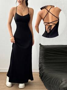 SHEIN Unity Abito casual lungo senza maniche e con spalline incrociate sulla schiena, di colore tinta unita, da donna - nero - Visualizzare 1