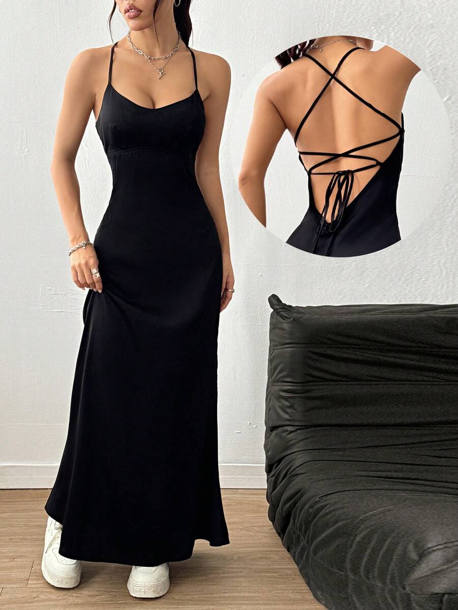 SHEIN Unity Abito casual lungo senza maniche e con spalline incrociate sulla schiena, di colore tinta unita, da donna - nero - Visualizzare 1