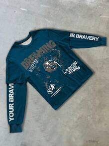 Manfinity Roghcode Camiseta casual de manga larga con cuello redondo y estampado gráfico para hombres - azul real - Ver 3