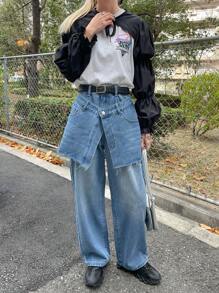 FRIFUL 女式直筒破洞牛仔裤，流苏下摆，春季 - 中等水洗藍 - 查看 2