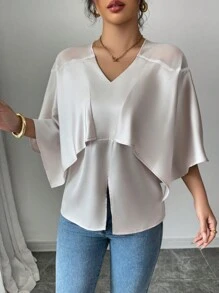 Elenzga Women's Solid Color V-Neck Batwing Sleeve Ruffle Hem Loose Blouse - Beige - View 3