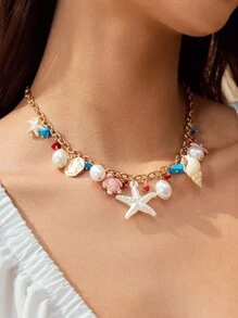 SHEIN SXY 人造珍珠海星和贝壳吊坠项链，度假氛围 - 彩色 - 查看 1