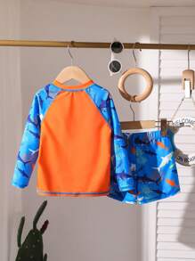Young Boys' Cartoon Shark Print Long-Sleeved Top And Swimming Trunks Set,Suitable For Beach, Outgoing And Swimming In Spring Summer - Multicolor - View 2