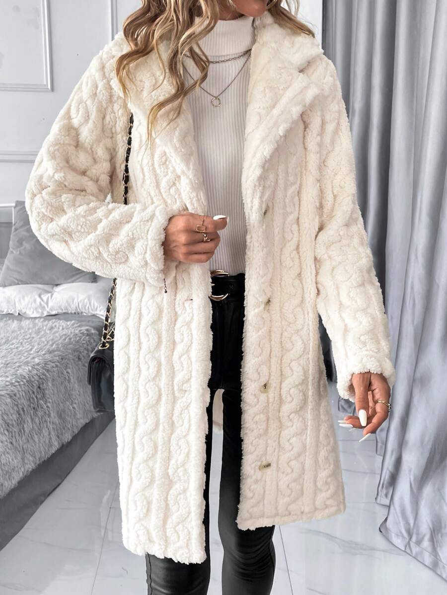 SHEIN Clasi Women's Textured Fleece Jacket Solid Colored Front Button Winter Long Coat Fleece Jacket