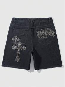 ROMWE MEN Goth 男士哥特式十字设计口袋宽松休闲牛仔裤，万圣节 - 黑色 - 查看 1