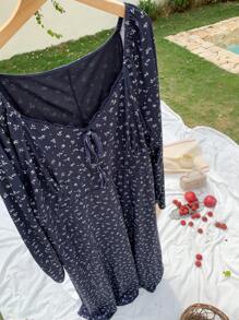 Dazy Plus All-Over Floral Print Wrap Dress Long Sleeve, Spring/Summer,Milkmaid Dress - Navy Blue - View 3