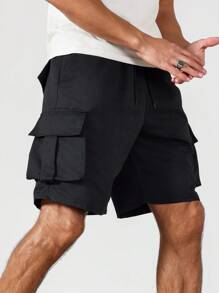 Manfinity Homme Plus Size Men's Solid Color Drawstring Waist Cargo Pocket Shorts - Black - View 4