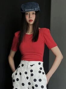 DAZY T-shirt sans dos ajusté et élastique à manches courtes de couleur unie pour femme, tenue du Nouvel An chinois, printemps/été, Top bain-de-soleil
