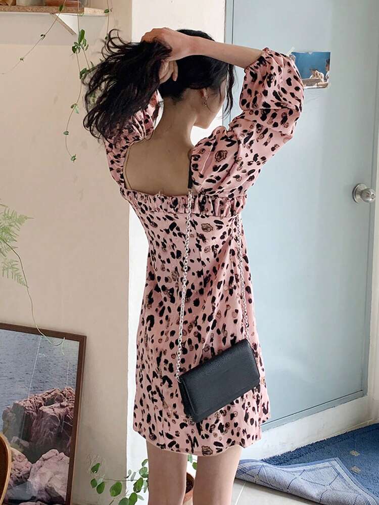 Women's Floral Leopard Print Drawstring Lantern Sleeve Fitted Mini Dress, Spring/Summer/Autumn DrapedDress Pink Milkmaid Dress Long Sleeve Dress