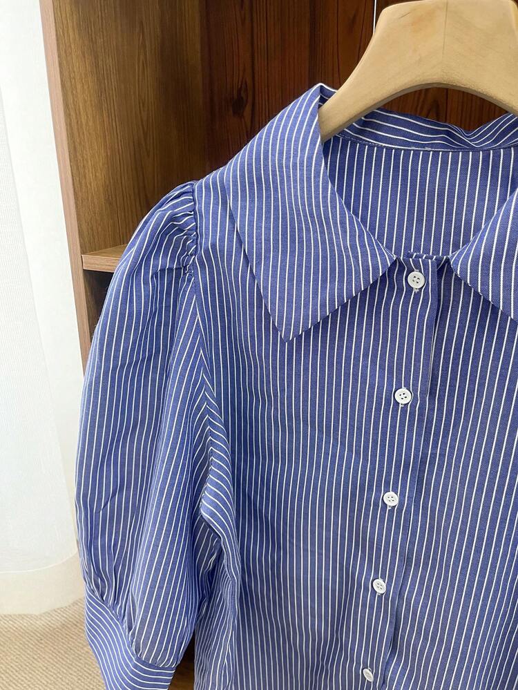 Women's Turndown Collar Striped Half Sleeve Lantern Sleeve Loose Blouse, Spring/Summer/Autumn