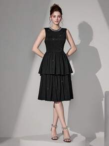 SHEIN Belle Vestido de fiesta elegante de mujer con dobladillo con volantes, sin mangas, de nueva llegada, para invitada de boda a cóctel o baile