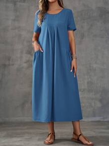 EMERY ROSE Vestido largo y sencillo de mujer con cuello redondo, manga corta y bolsillo en un solo color - Azul - Ver 3