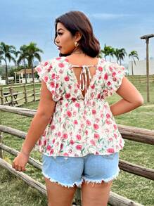 Flirla Frauen Große Größen Boho Jacquard V-Ausschnitt Glockenärmel Bluse, für den Sommer - Verschiedenfarbig - Übersicht 2