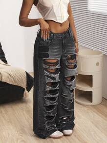 SHEIN ICON 女式前扣口袋做旧简约休闲牛仔裤 - 黑色 - 查看 6