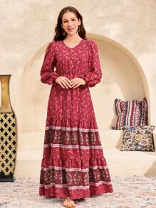 SHEIN 少女红色编织定位花朵印花宽松休闲长袖度假风 V 领纽扣点缀长裙 - 紅色 - 查看 4