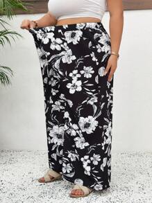 SHEIN CURVE+ Large Romantic Spring/Summer Vacation Woven Printed High Waist Wide Leg Women's Pants Boho Vacation - Multicolor - View 7